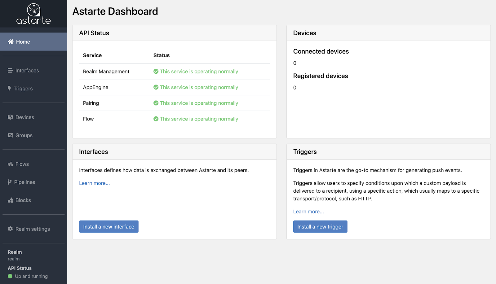 Astarte Dashboard with a realm overview