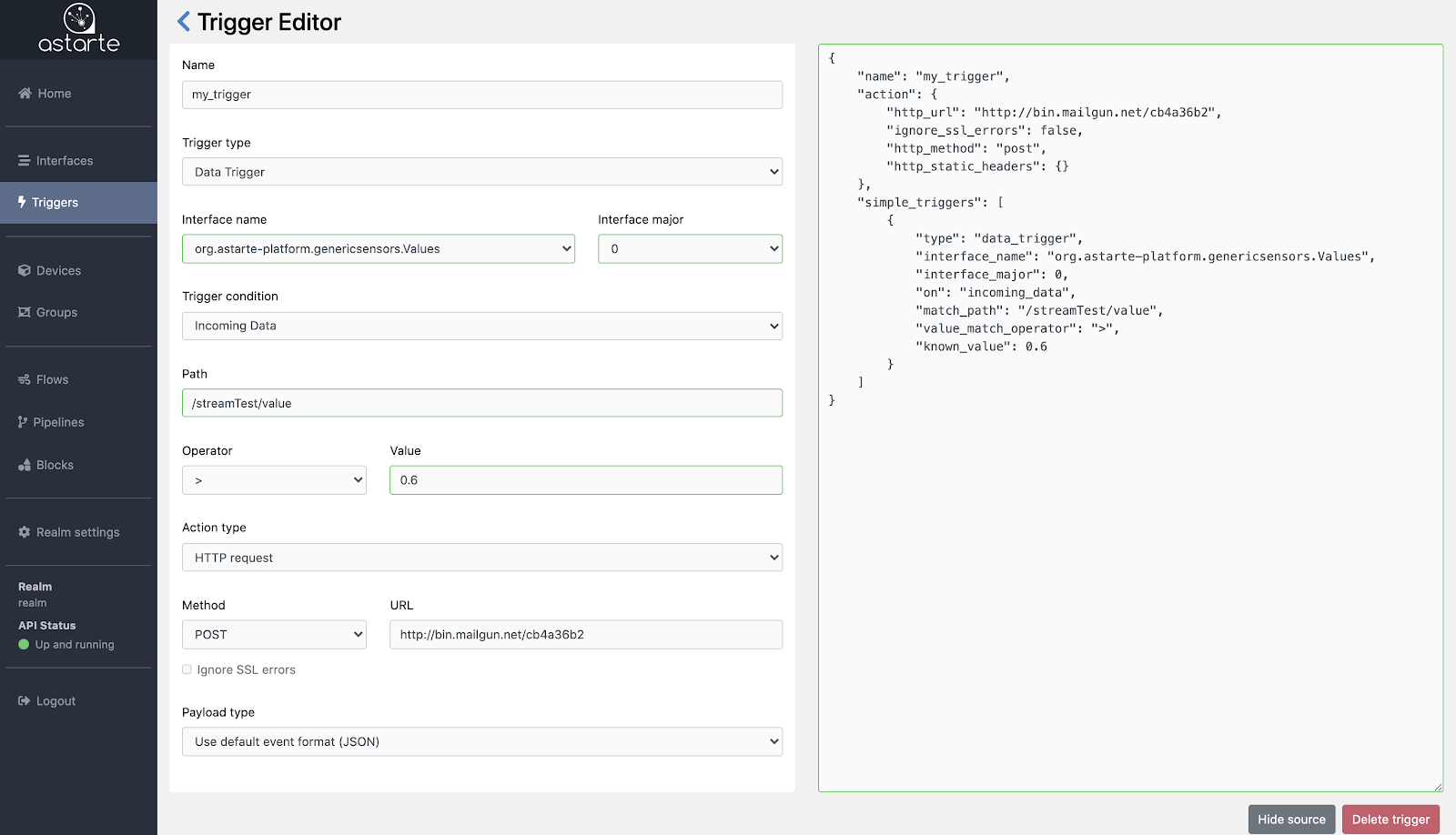 Astarte Dashboard, Trigger Editor