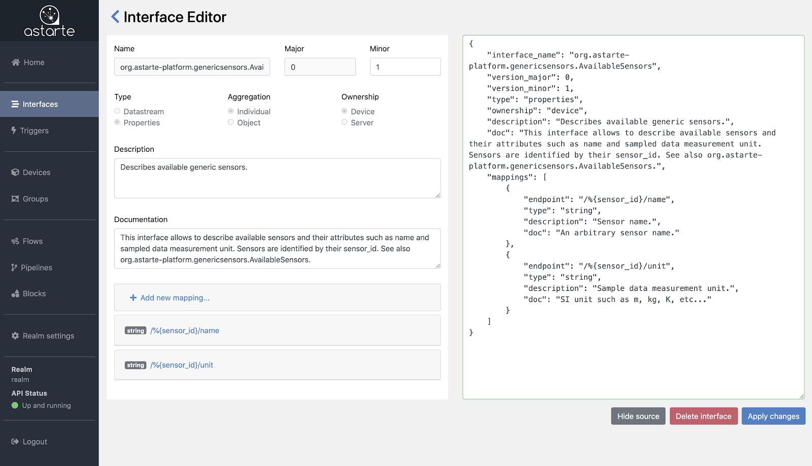 Astarte Dashboard, Interface Editor