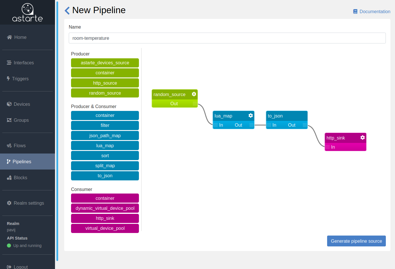 Pipeline Editor with a graph of linked blocks